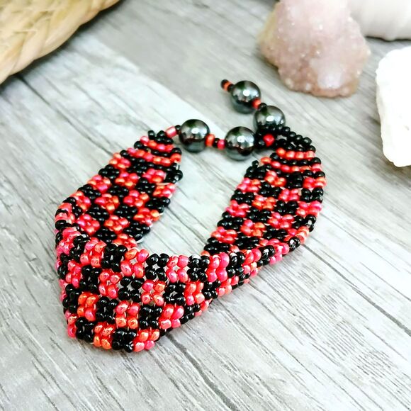 Hematite Gemstone Beaded Checker Bracelet, Adjustable Seed Bead Bracelet - Picture 4 of 11